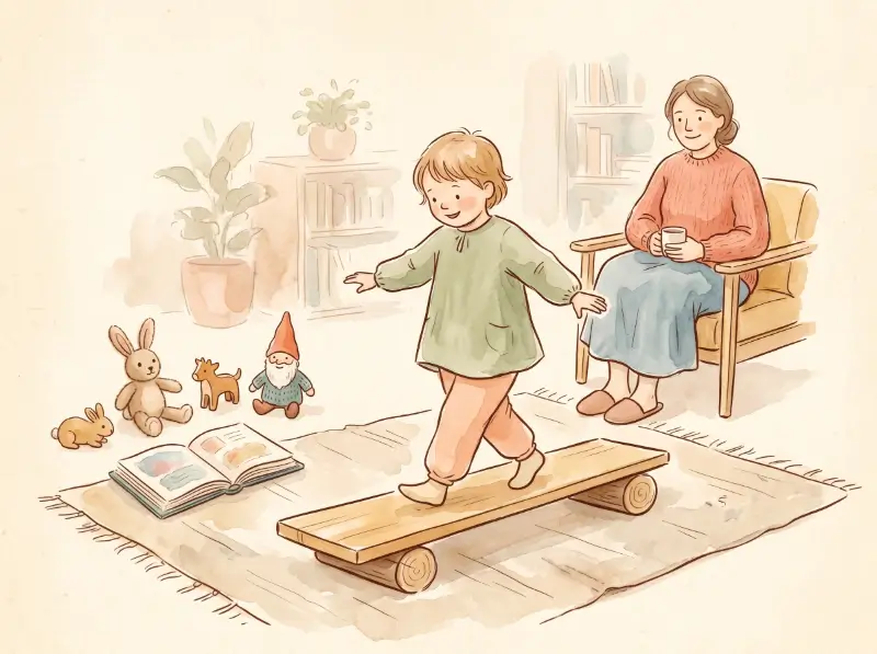 Ребёнок 5–6 лет играет в балансир на деревянной доске, рядом мягкие игрушки и книга, спокойный взрослый наблюдает